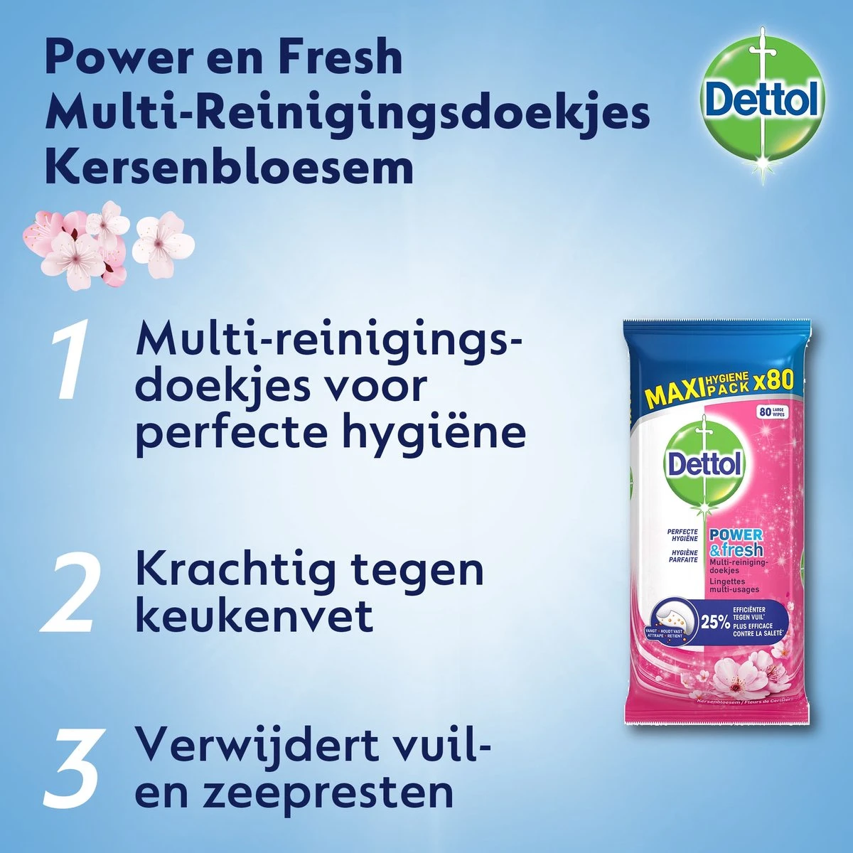 Dettol - Schoonmaakdoekjes - Power & Fresh - Kersenbloesem - 80 Stuks X8 - Afbeelding 3