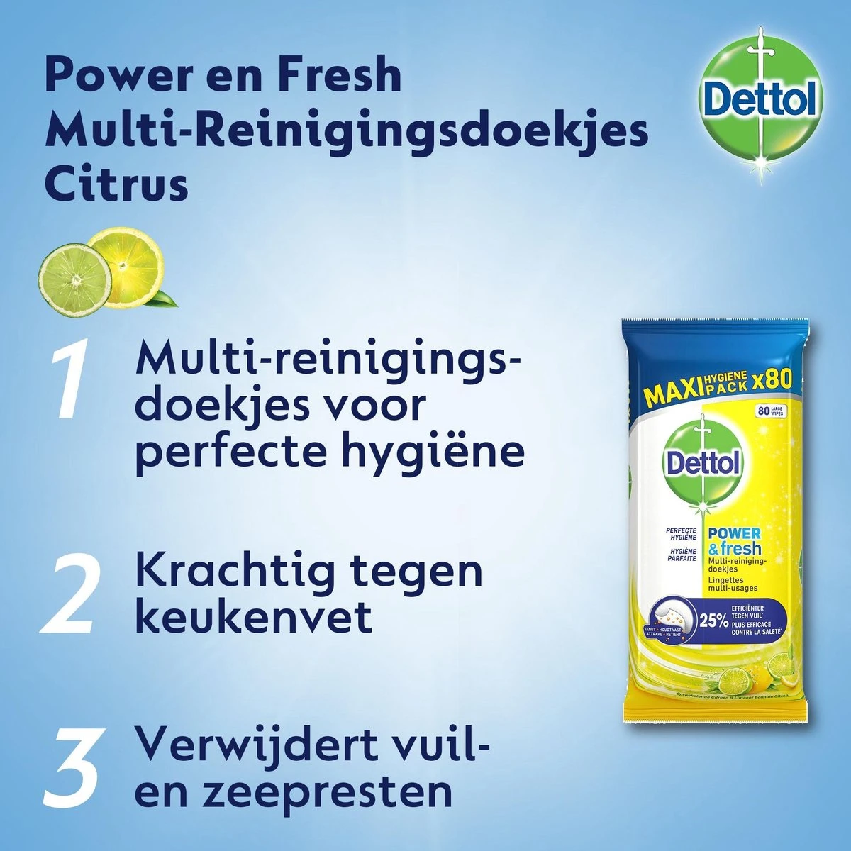 Dettol Schoonmaakdoekjes Power & Fresh - Citrus - 80 Stuks X6 - Afbeelding 3
