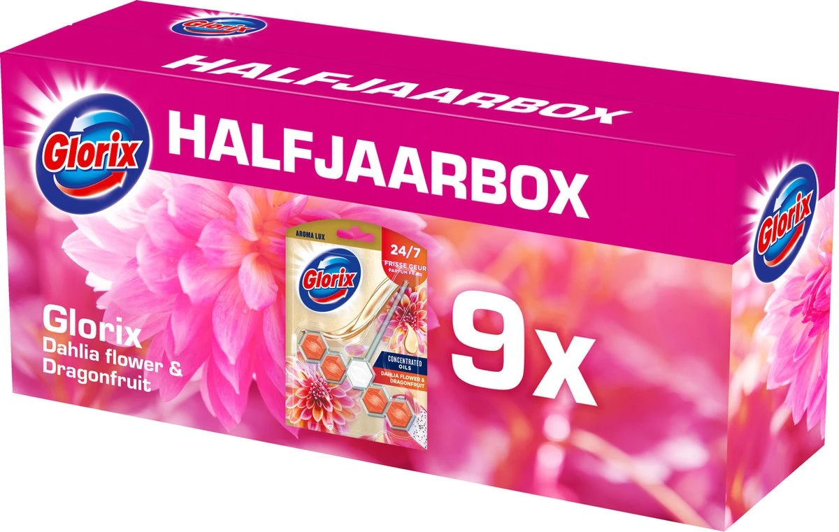 Glorix Aroma Lux Dahlia Flower & Dragonfruit - 9 Toiletblokken - Halfjaarbox - Voordeelverpakking - Afbeelding 3