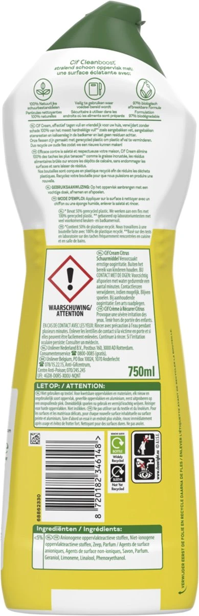 Cif CleanBoost Cream Citroen Schuurmiddel - 8 X 750 Ml - Voordeelverpakking - Afbeelding 6